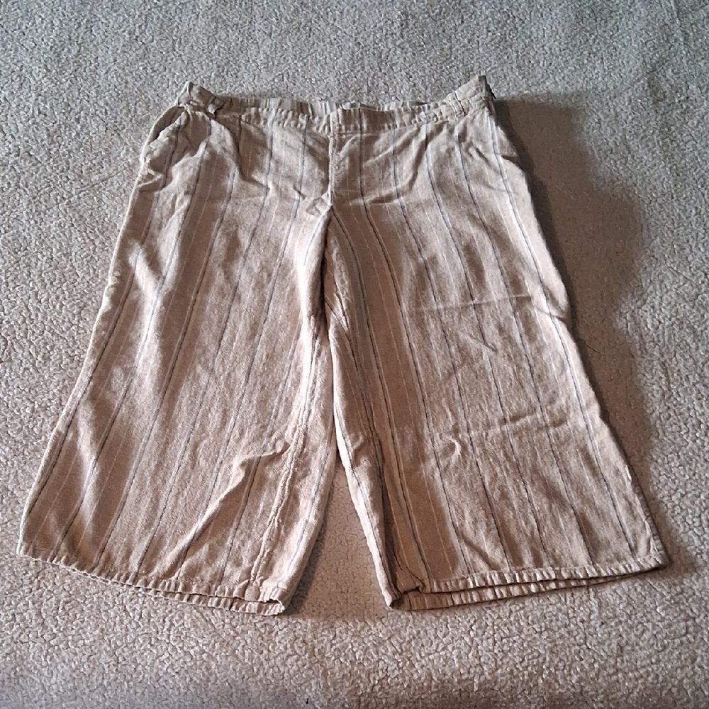 J. Jill Linen Blend Wide Leg Split Tan Striped Pants